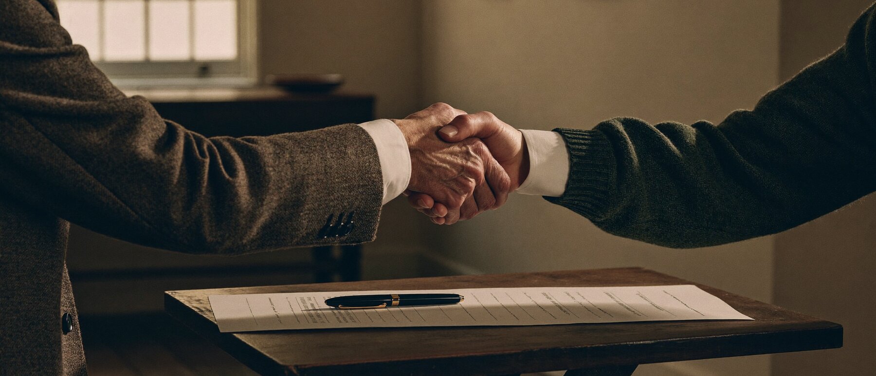 A handshake over the valuation table in a village hall — tweed sleeve on one side, green knit on the other, valuation slip and fountain pen below
