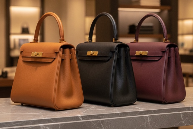 Structured leather handbags lined up on a boutique shelf