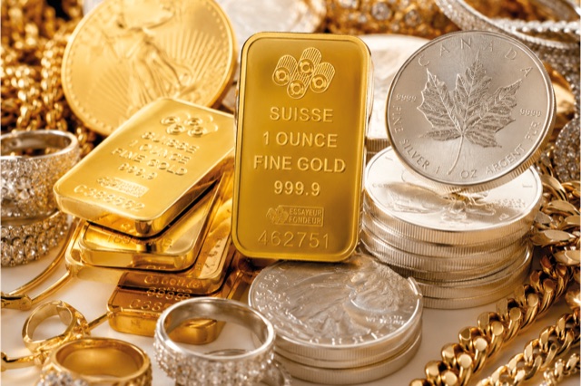Fine gold bars, silver coins and gold chains