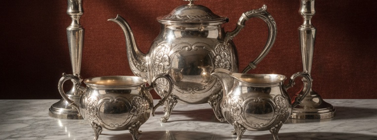 An antique silver tea service and candlesticks on marble