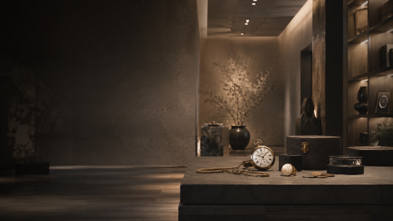 A gold antique pocket watch, a signet ring and old coins on a marble plinth in a warm, dimly lit gallery