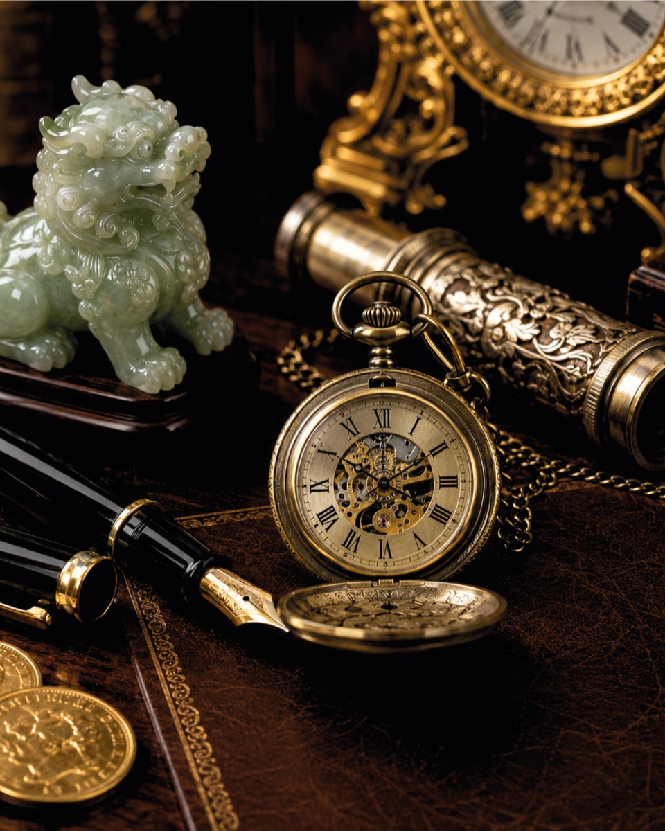 A valuer&rsquo;s desk in lamplight — a skeleton pocket watch, fountain pen, jade figure and brass telescope