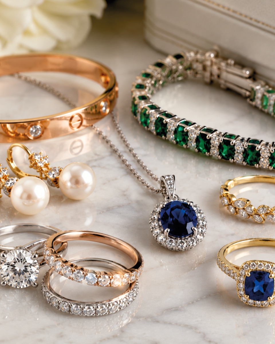 A spread of vintage jewellery on marble — pearl drop earrings, a gold bangle, diamond rings and an emerald-set bracelet